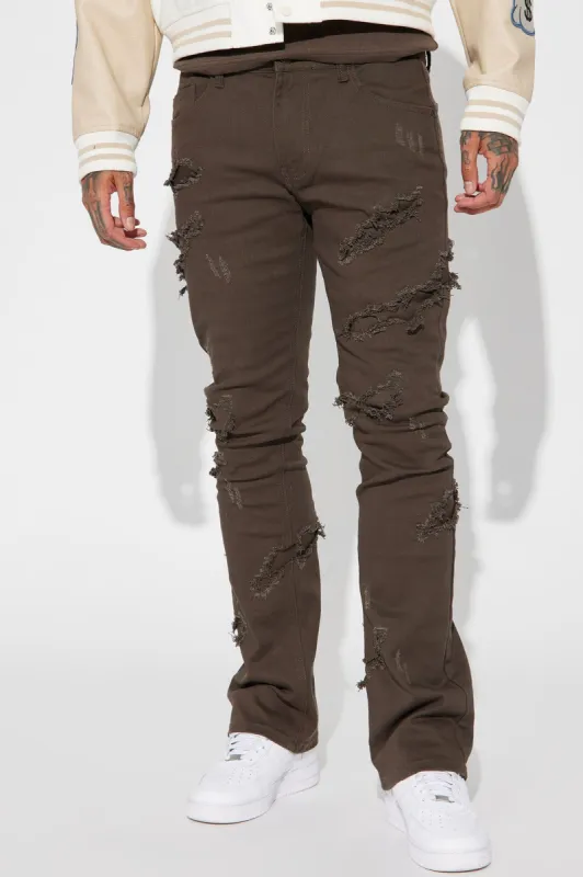 Don't Mess Distressed Stacked Skinny Flared Pants - Brown sold by Fashion Nova