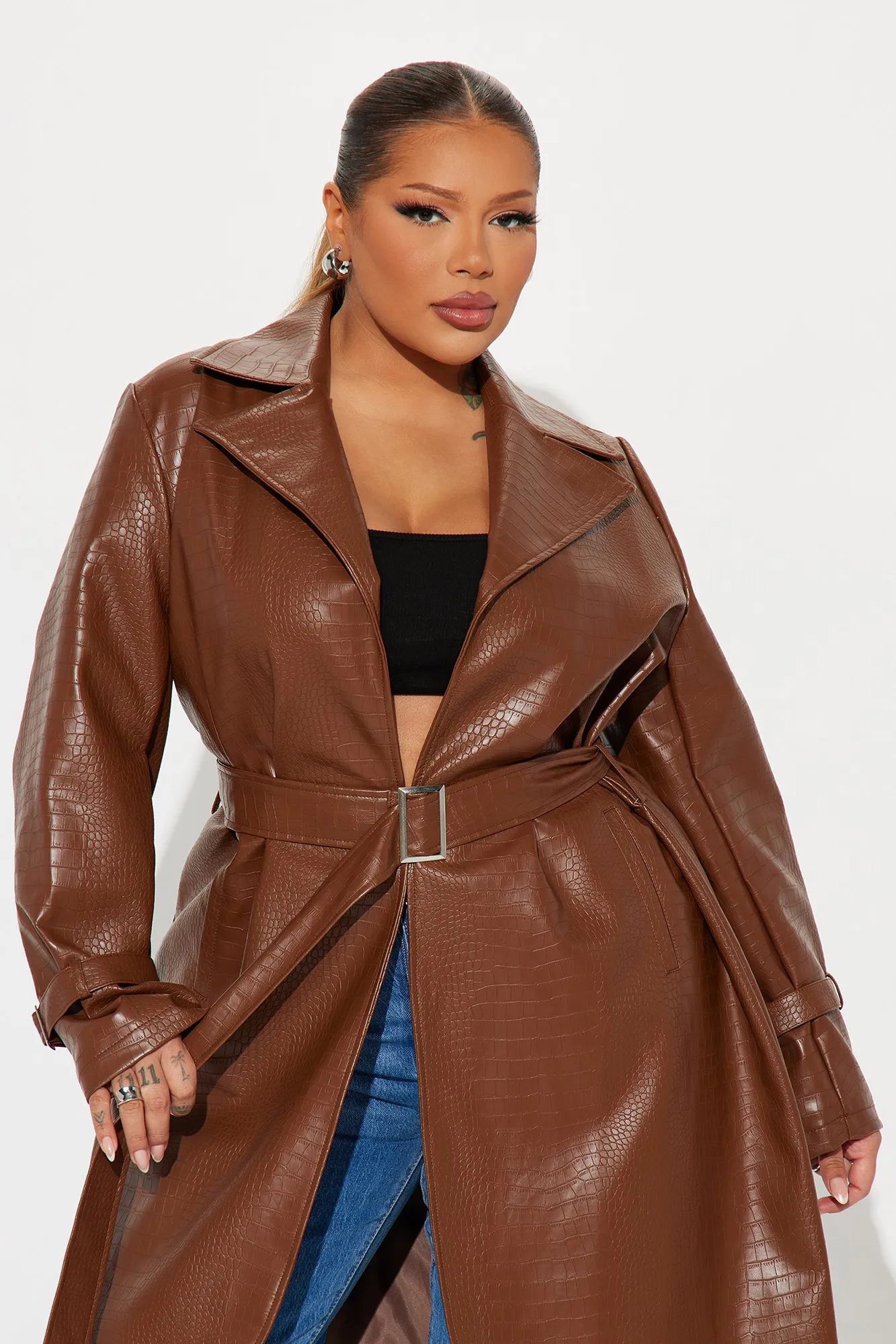 Fatal Attraction Croc Faux Leather Trench - Chocolate sold by Fashion Nova product image thumbnail 5