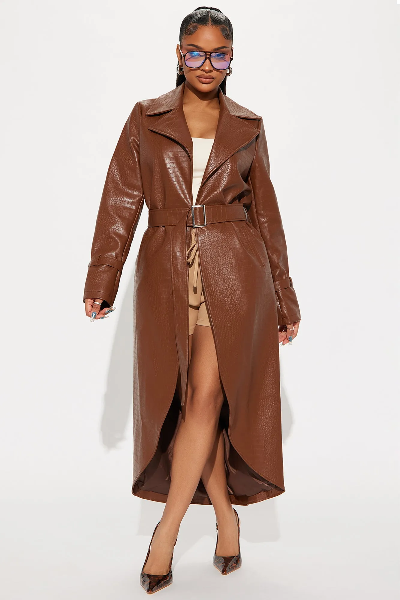 Fatal Attraction Croc Faux Leather Trench - Chocolate sold by Fashion Nova