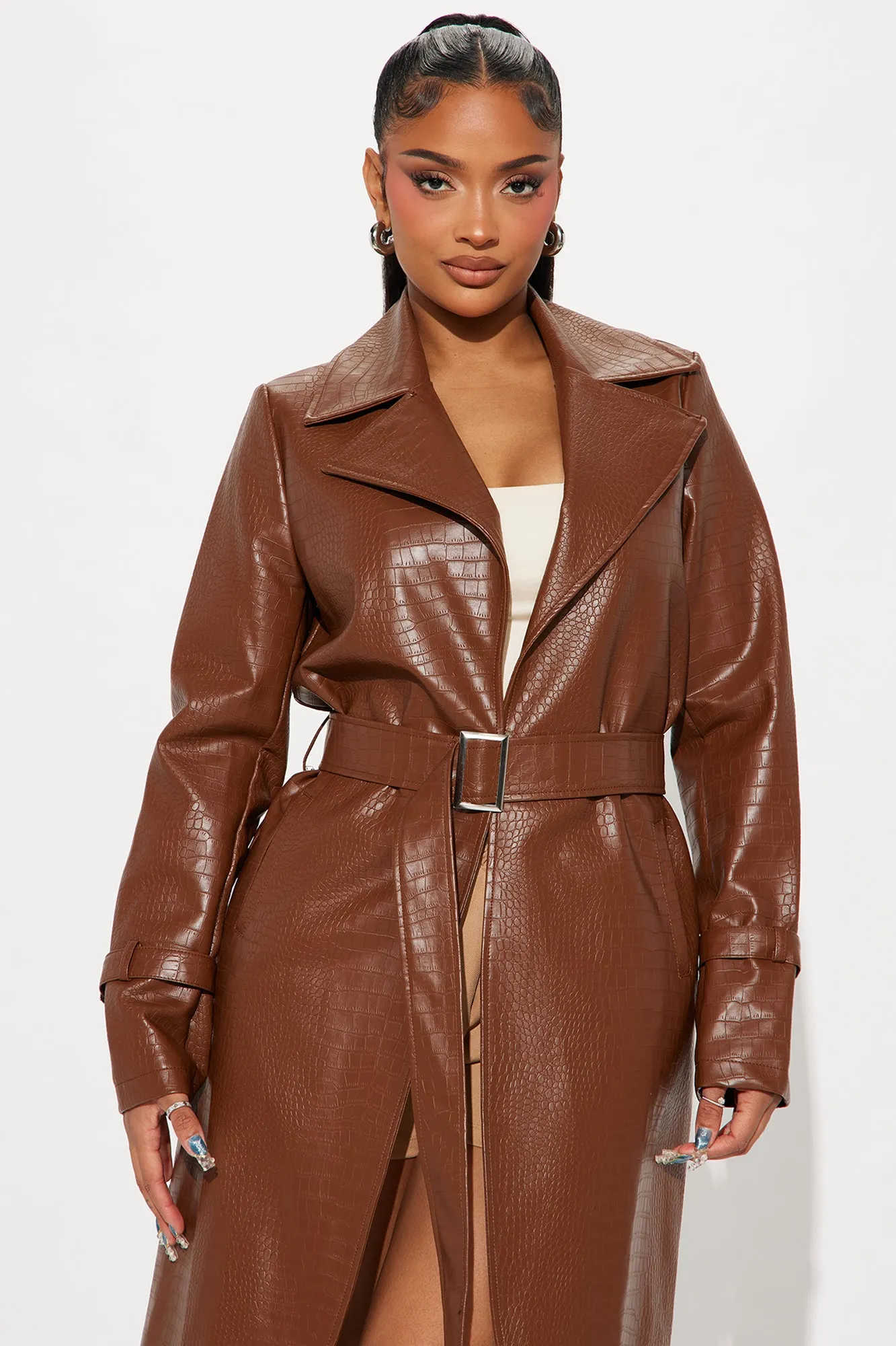 Fatal Attraction Croc Faux Leather Trench - Chocolate sold by Fashion Nova product image thumbnail 2
