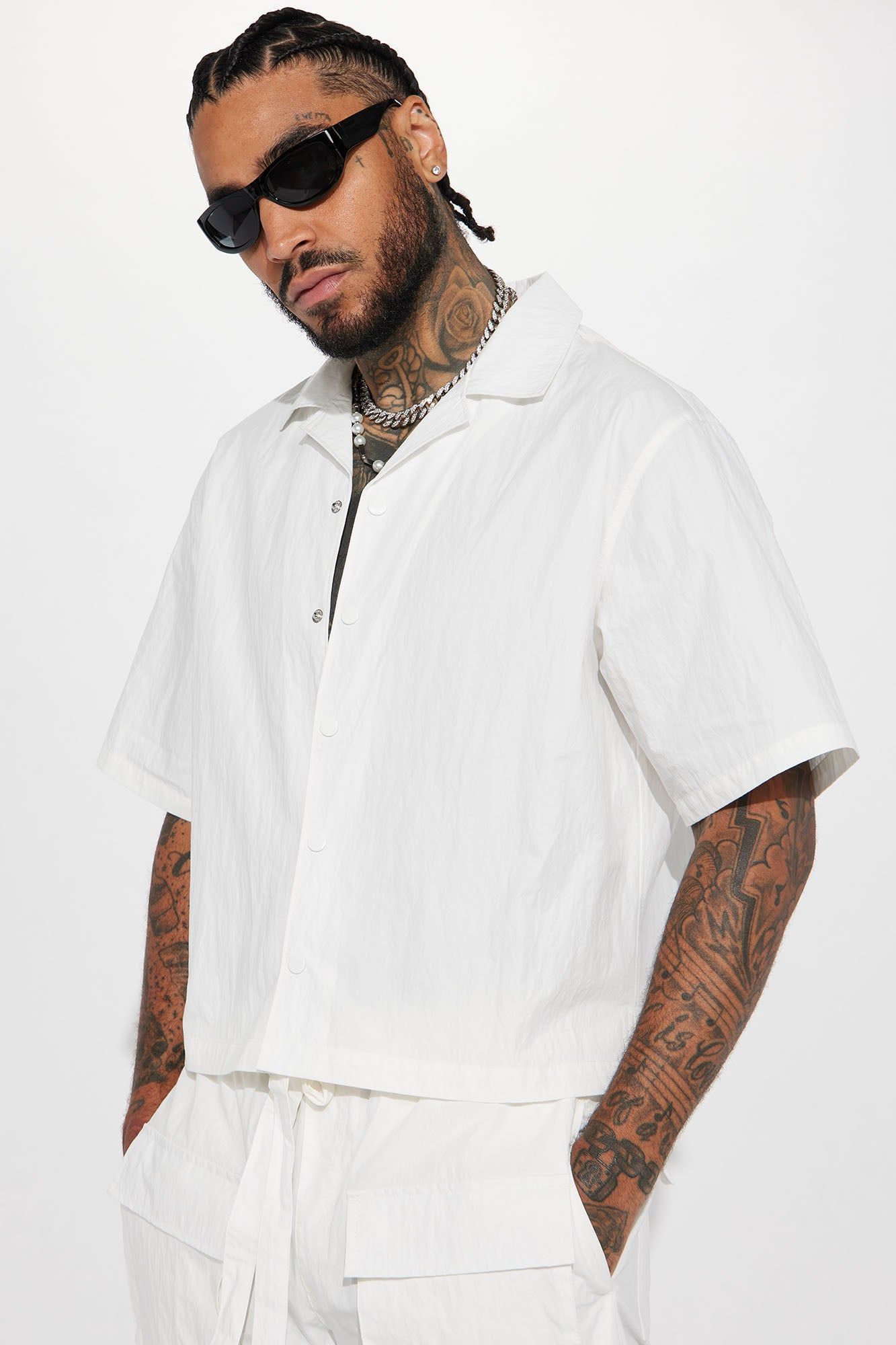 Lagos Textured Nylon Cropped Button Up Shirt - White sold by Fashion Nova