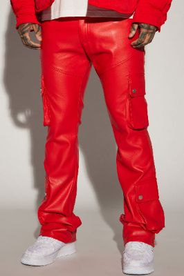 Name Of Love Faux Leather Stacked Slim Flare Pants - Red sold by Fashion Nova