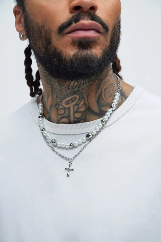 Pearl And Cross Pendant Necklace Stack - Silver sold by Fashion Nova