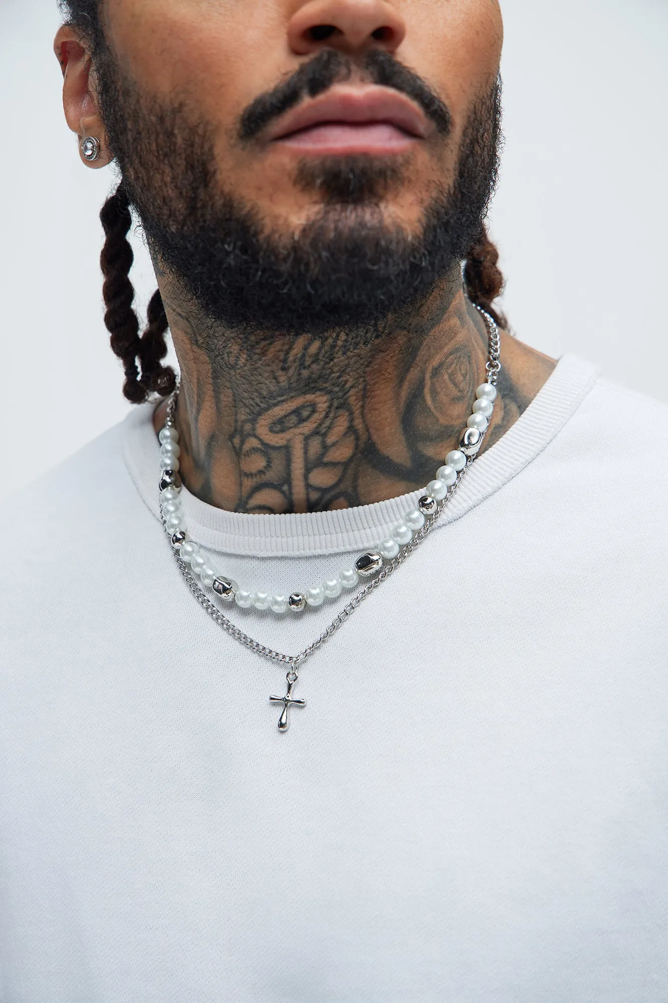 Pearl And Cross Pendant Necklace Stack - Silver sold by Fashion Nova