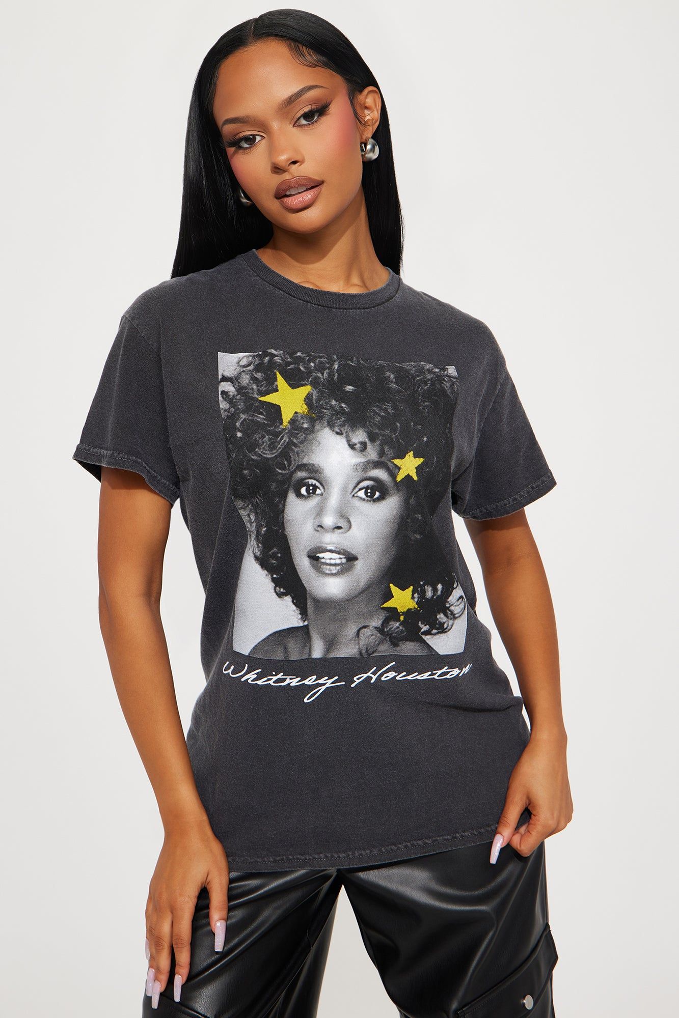 Whitney Houston Washed Tee - Black Wash sold by Fashion Nova