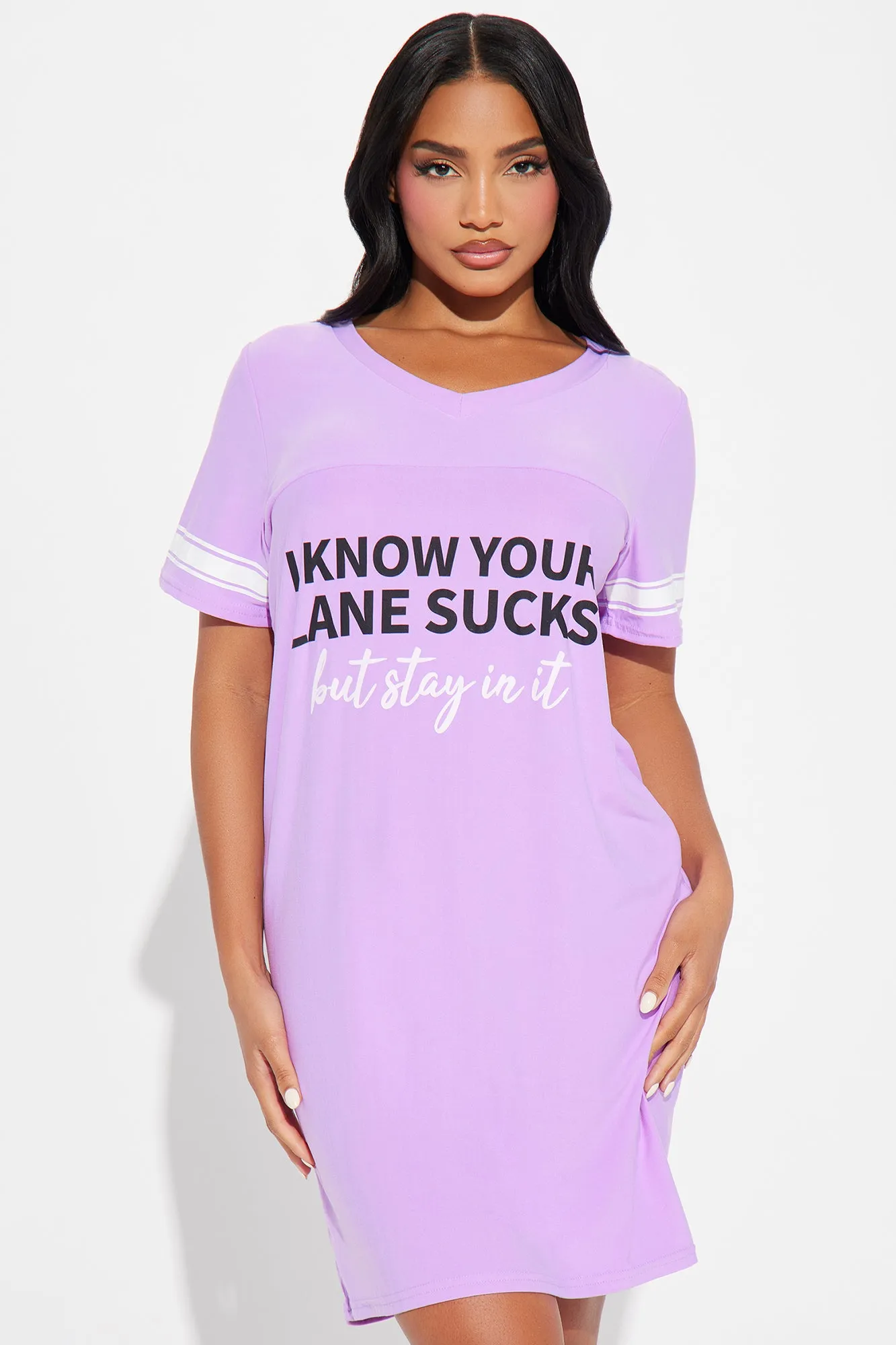 Stay In Your Lane PJ Sleep Shirt - Purple/combo sold by Fashion Nova