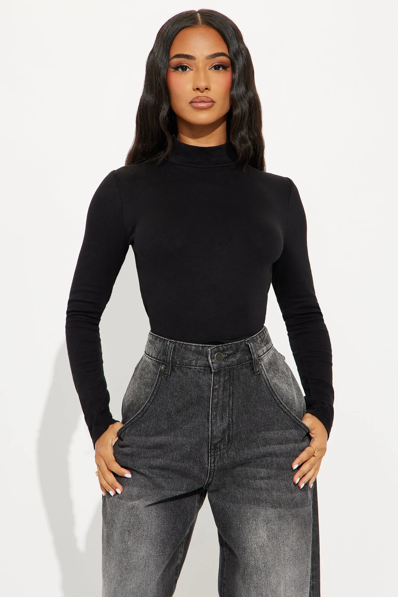 Sabrina Mock Neck Long Sleeve Top - Black sold by Fashion Nova