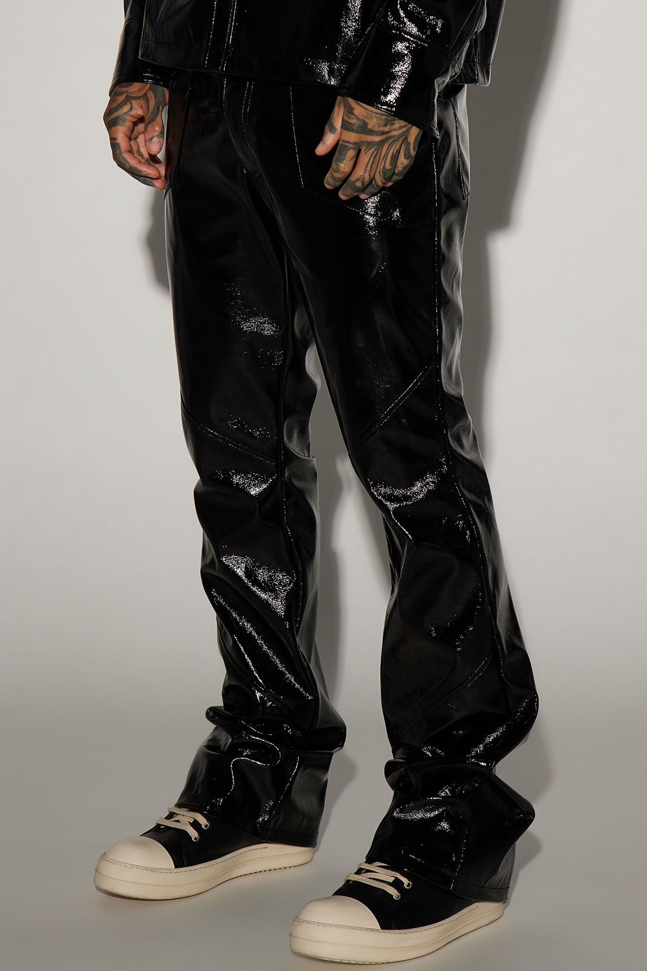 Da Baddie Faux Leather Stacked Slim Flare Pants - Black sold by Fashion Nova