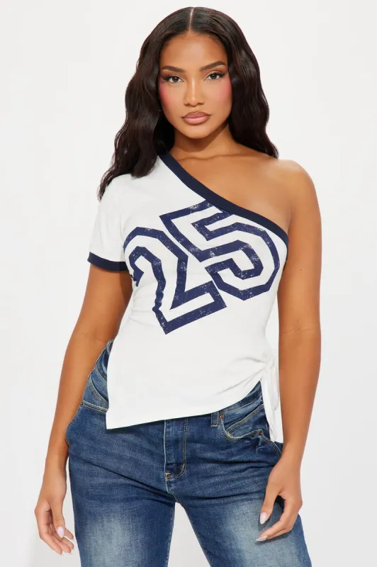 Love Games 25 One Shoulder Top - White/Blue sold by Fashion Nova