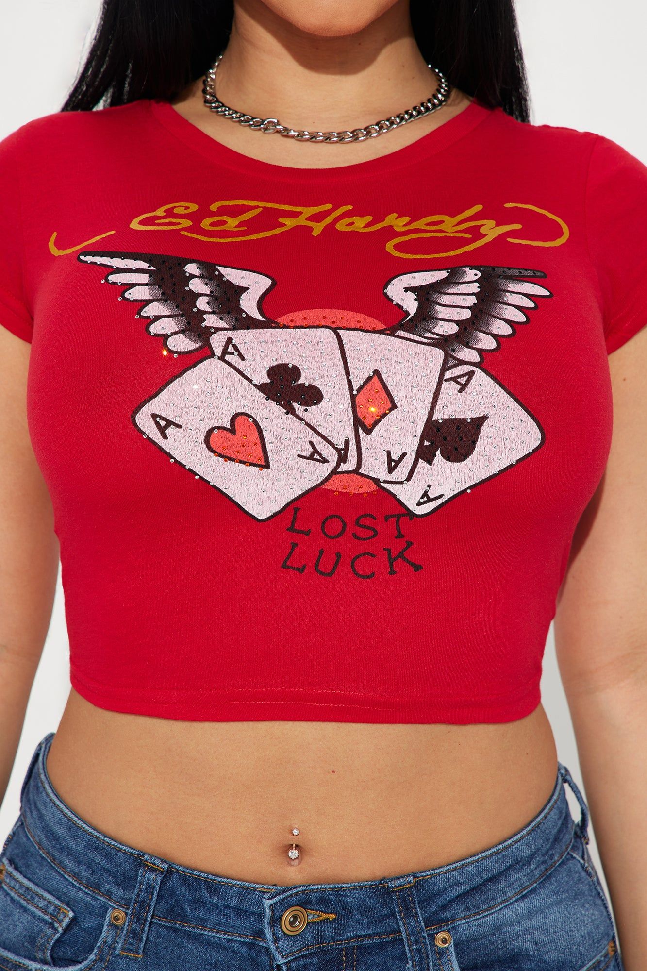 Ed Hardy Aces Rhinestone Baby Tee - Red sold by Fashion Nova product image thumbnail 2