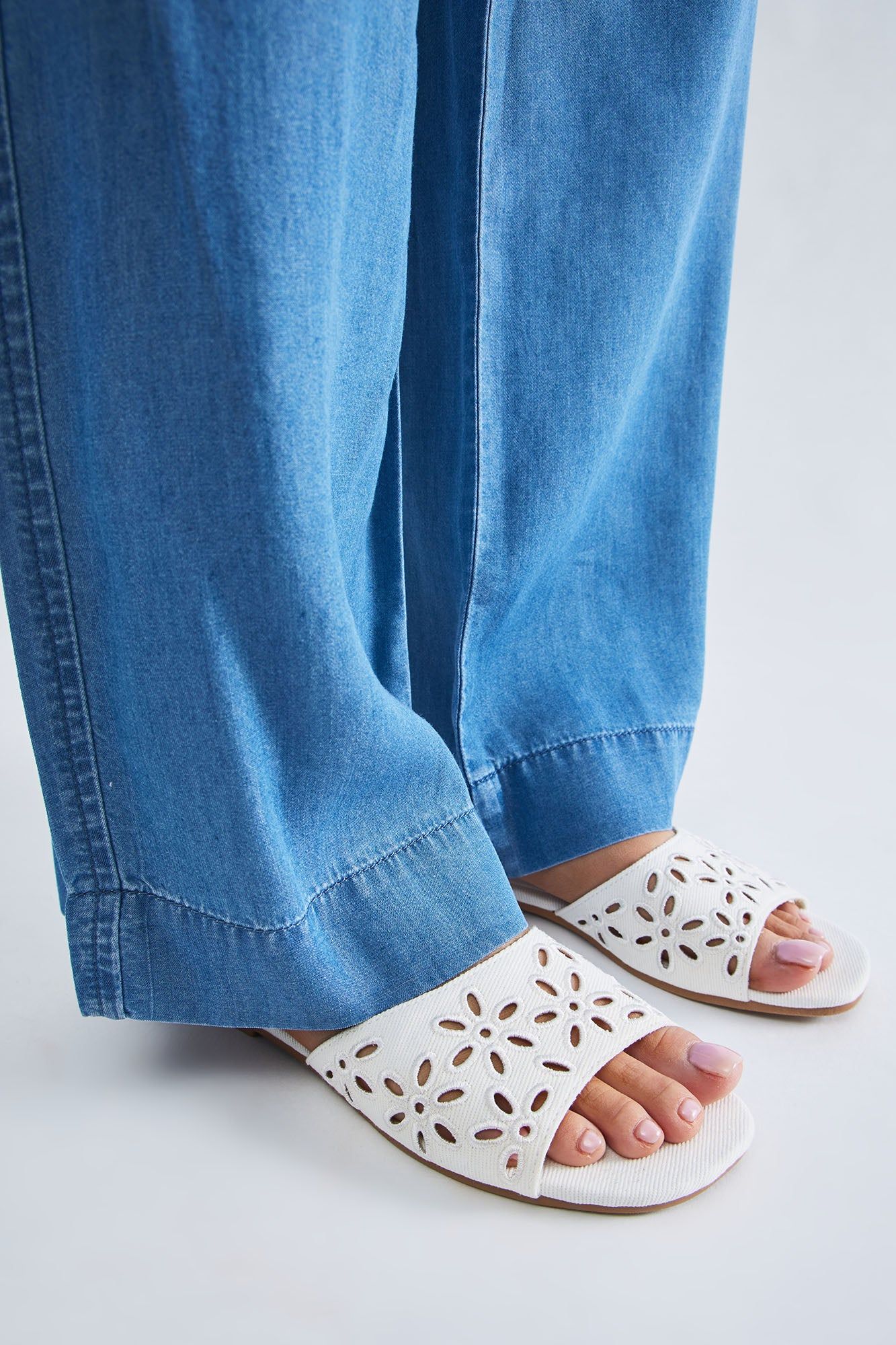 Switch Up Denim Flat Sandals - White sold by Fashion Nova product image thumbnail 3