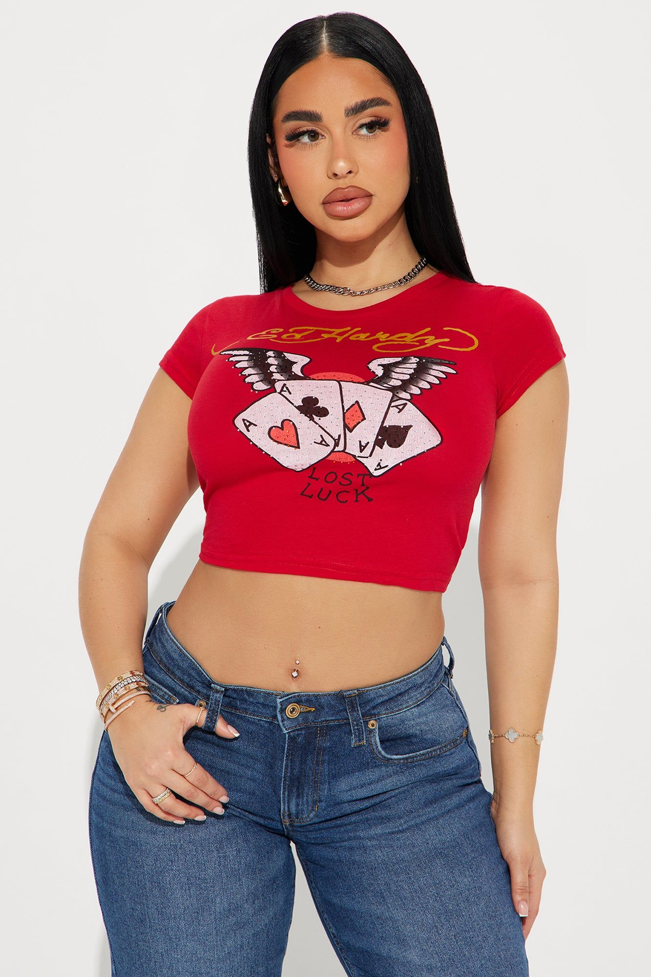 Ed Hardy Aces Rhinestone Baby Tee - Red sold by Fashion Nova