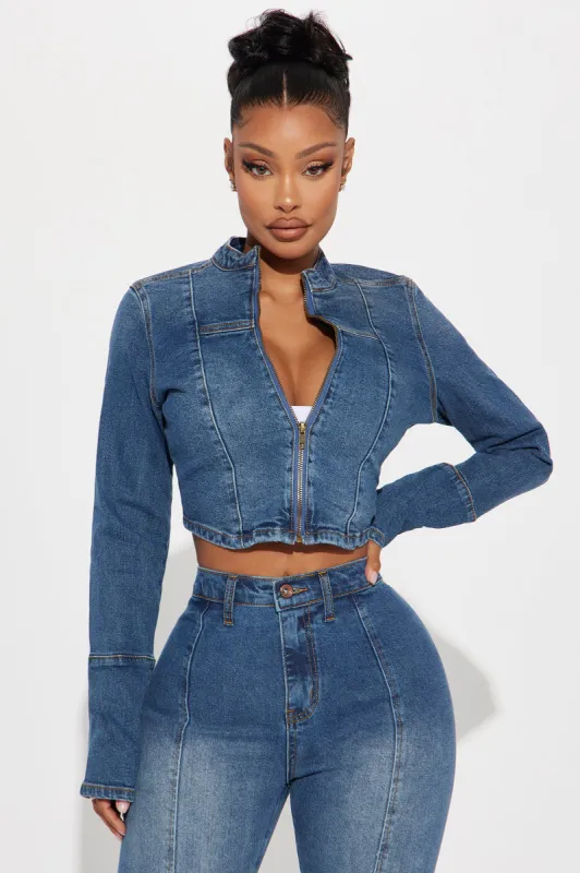 Tagging Along Stretch Denim Moto Jacket - Medium Wash sold by Fashion Nova