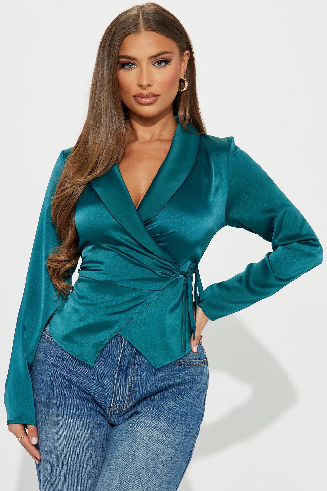 Rebecca Satin Blouse Top - Emerald sold by Fashion Nova