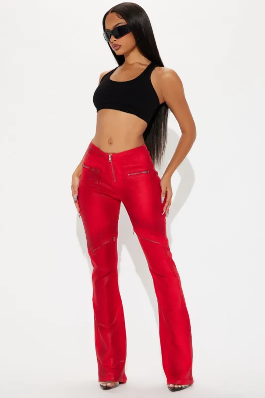 Topic Of Discussion Coated Moto Flare Jeans - Red sold by Fashion Nova