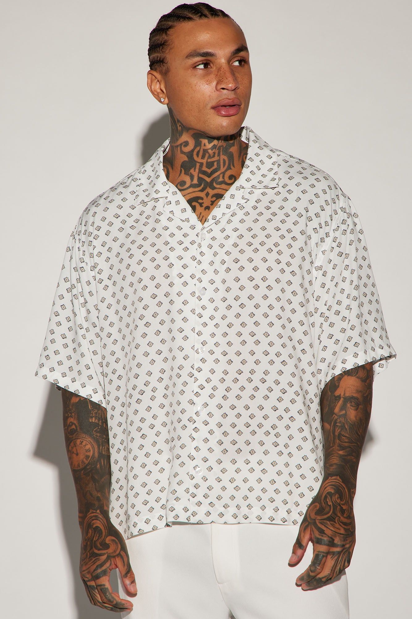 Best Geometric Button Up Shirt - White/combo sold by Fashion Nova