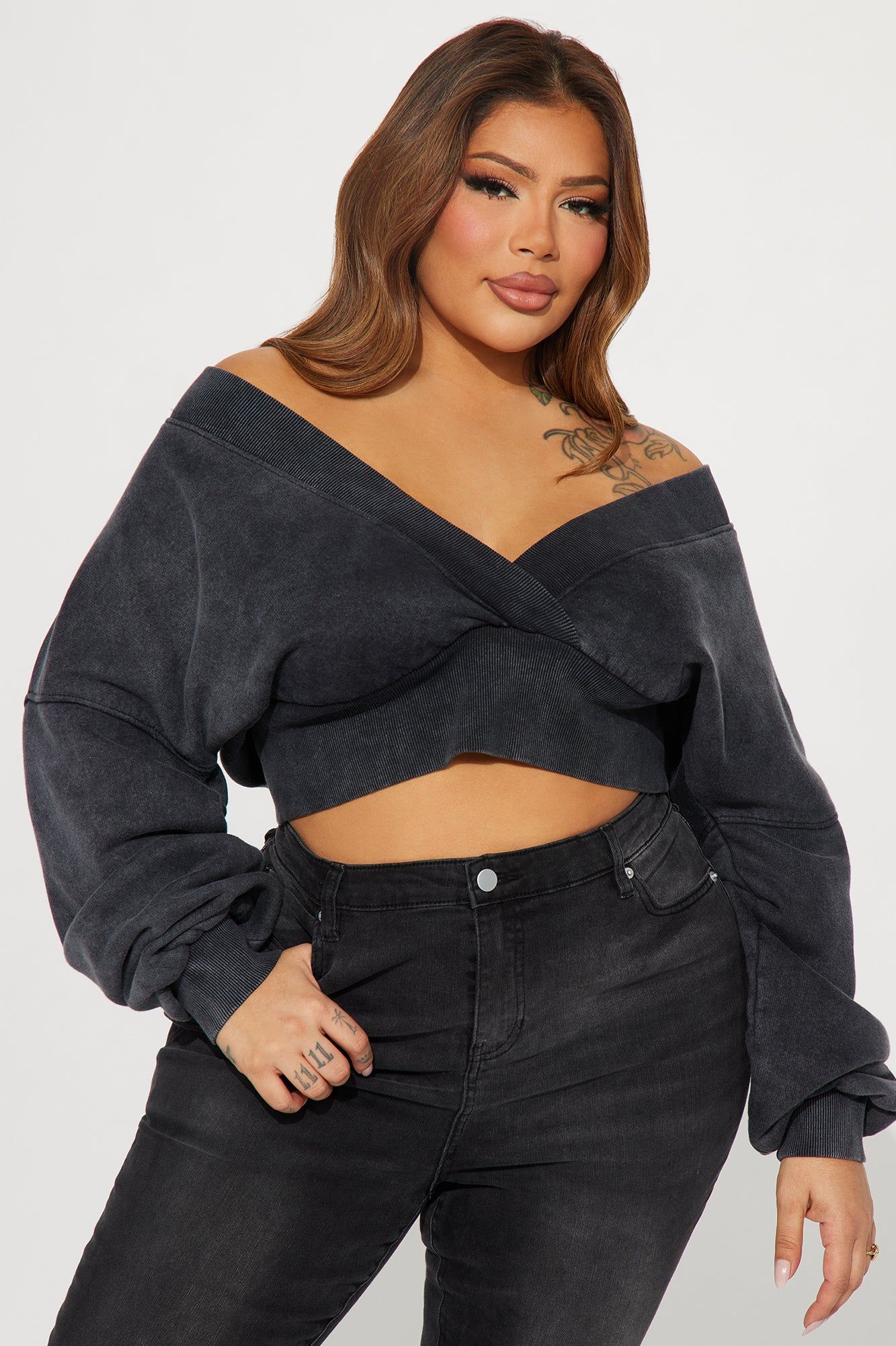 Amara Fleece Off Shoulder Sweatshirt - Black sold by Fashion Nova product image thumbnail 4