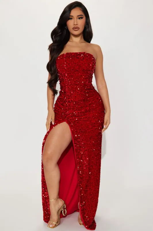 The One Sequin Maxi Dress - Red sold by Fashion Nova
