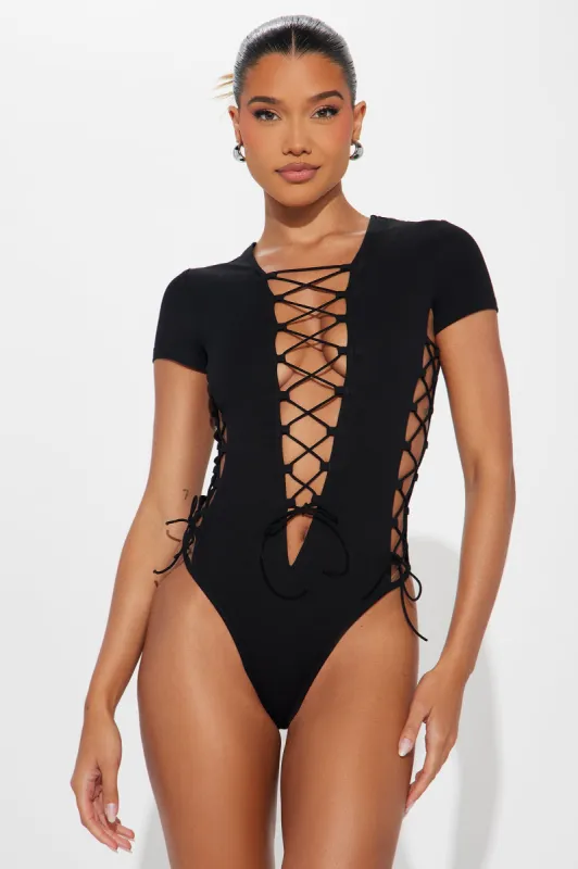 Tied To You Lace Up Bodysuit - Black sold by Fashion Nova