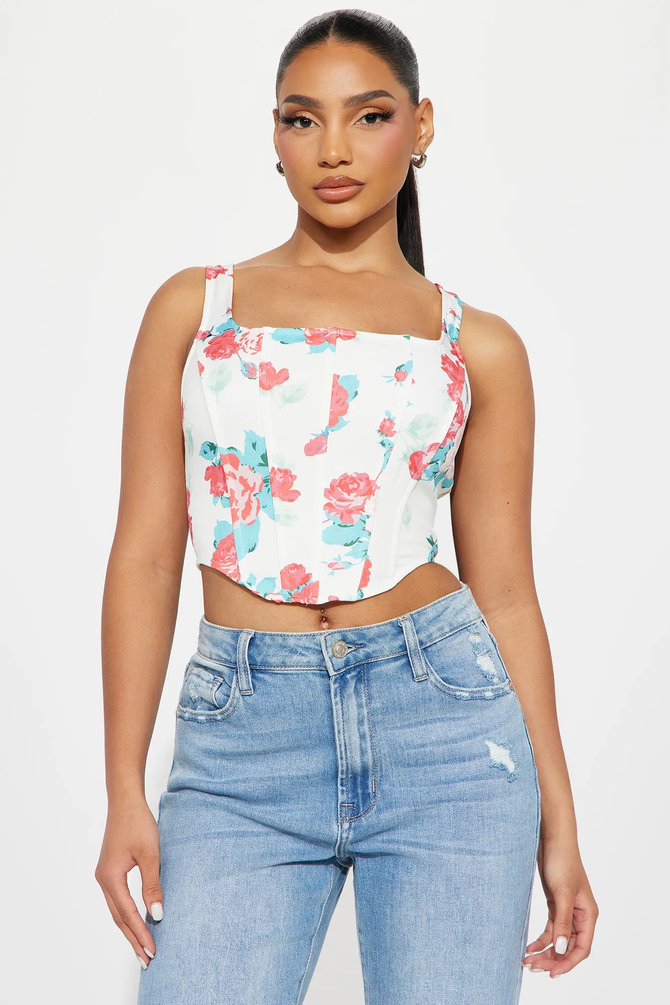 In My Garden Floral Corset Top - White/combo sold by Fashion Nova