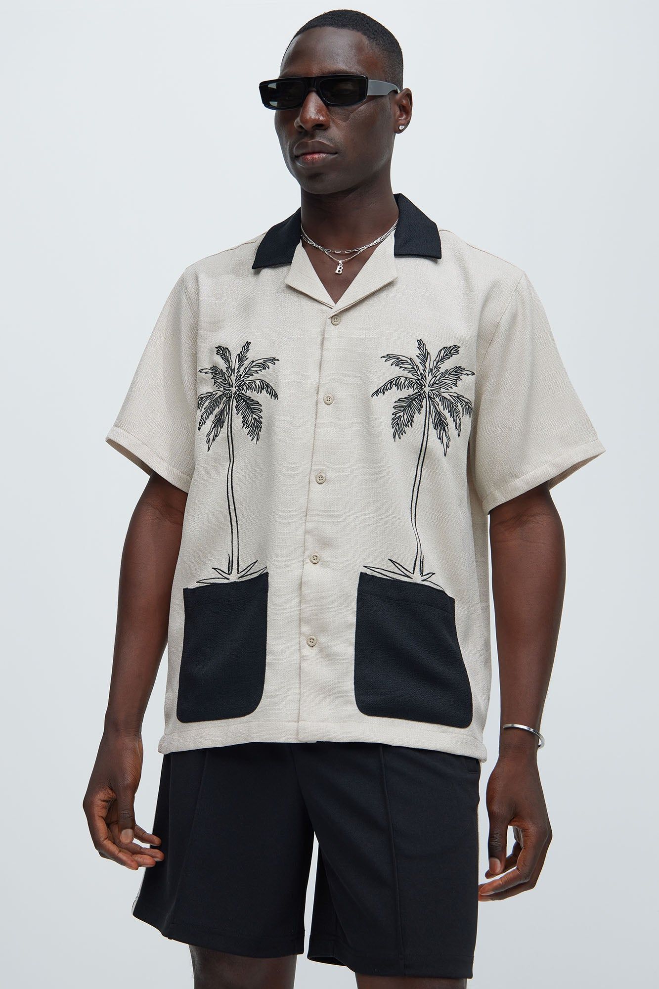 Palm Tree Embroidered Shirt - Stone/Combo sold by Fashion Nova