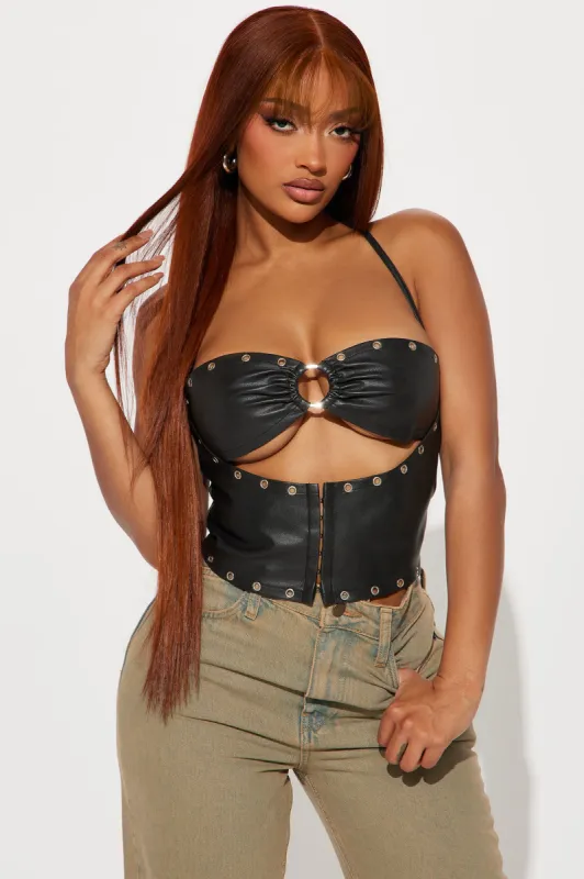 Hard To Miss Faux Leather Halter Top - Black sold by Fashion Nova