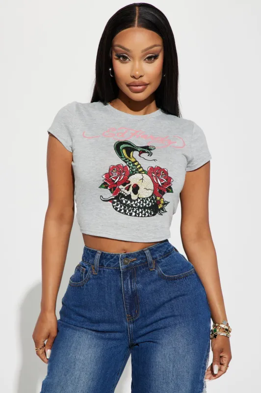 Ed Hardy Cobra Rose Rhinestone Tee - Heather Grey sold by Fashion Nova