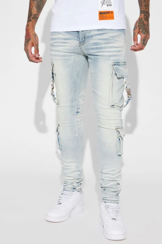 Hold On Cargo Stacked Skinny Jeans - Light Wash sold by Fashion Nova