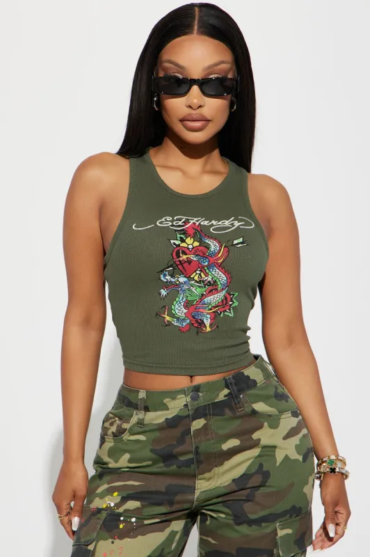 Ed Hardy Dragon Heart Tank Top - Olive sold by Fashion Nova