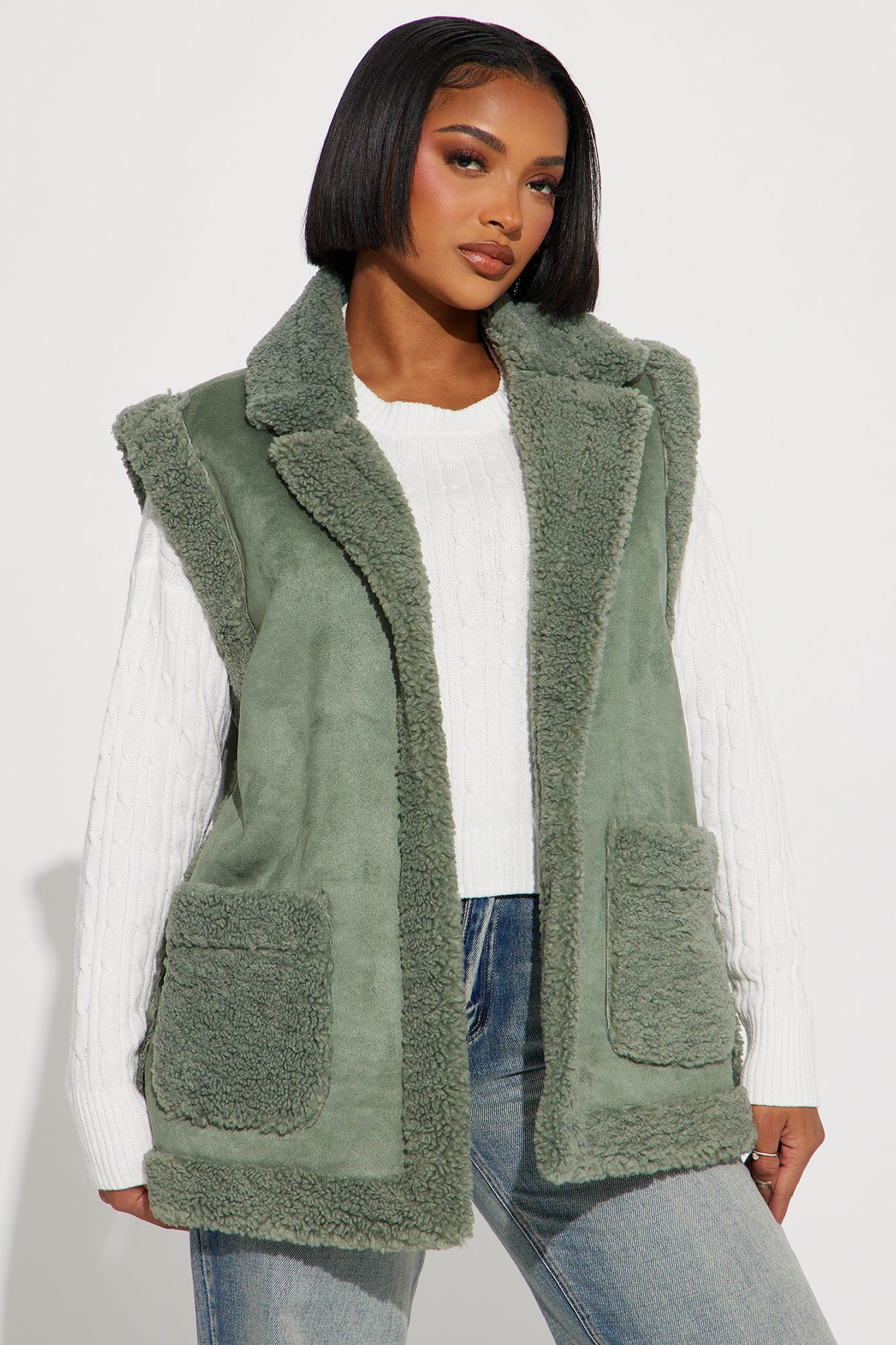 Warm To Touch Sherpa Vest - Sage sold by Fashion Nova