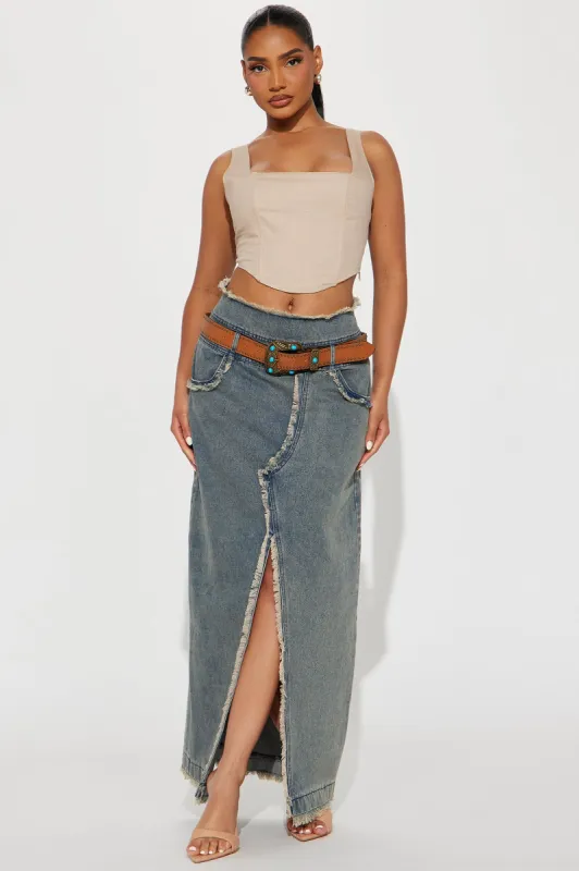 Texas Hold Em' Belted Denim Maxi Skirt - Vintage Wash sold by Fashion Nova