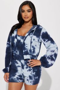 Looking Good Tie Dye Romper Set - Navy/combo sold by Fashion Nova