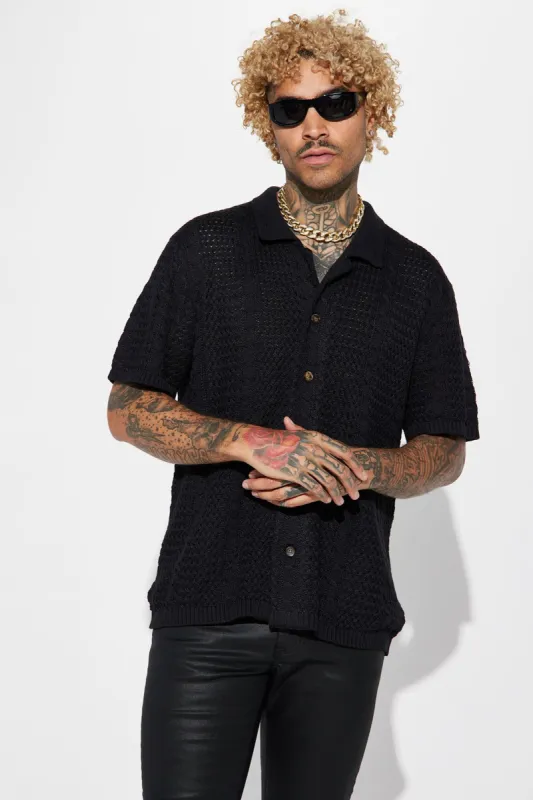 Unwind Cable Knit Short Sleeve Button Up - Black sold by Fashion Nova