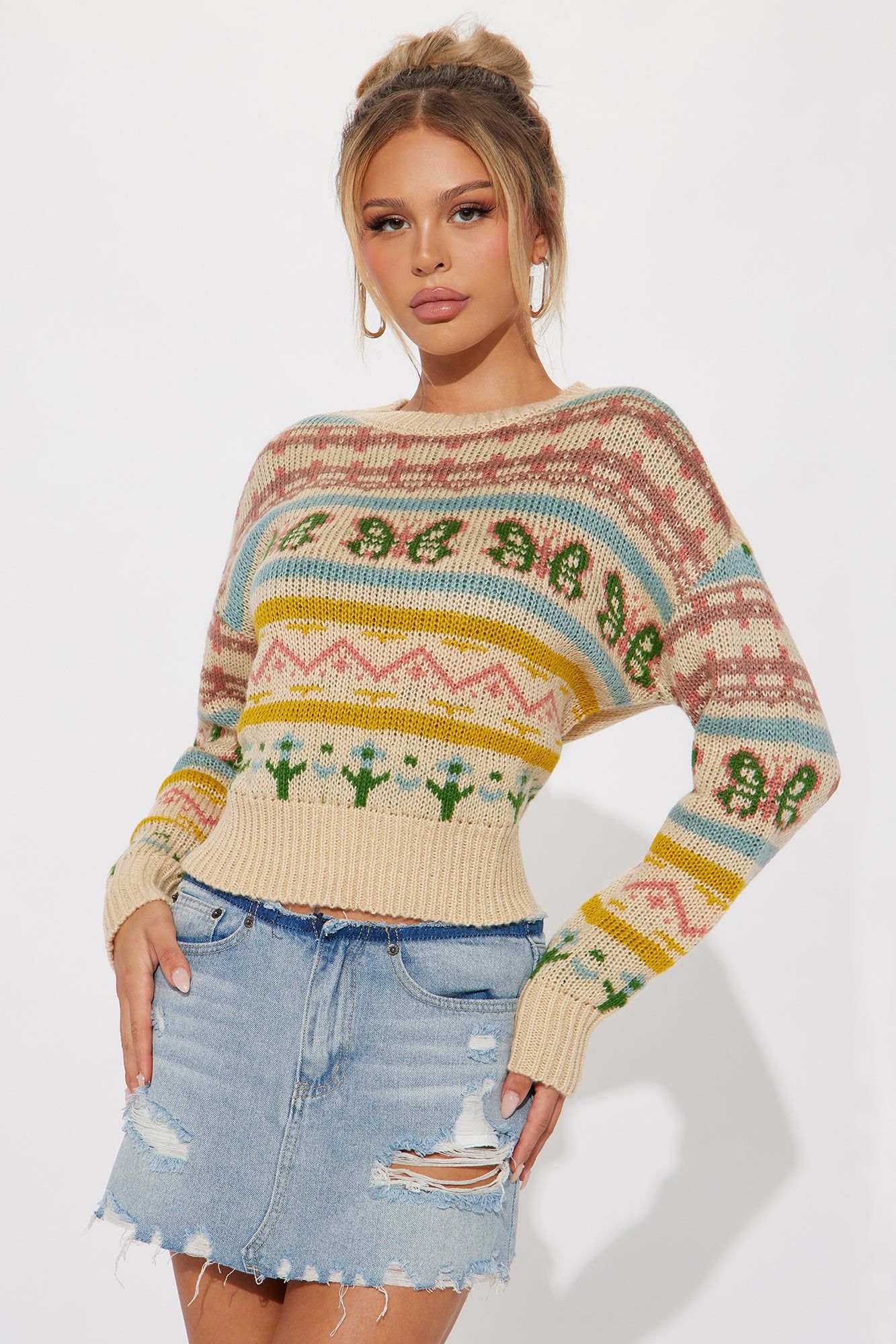 Cozy Festivities Sweater - Cream/combo sold by Fashion Nova
