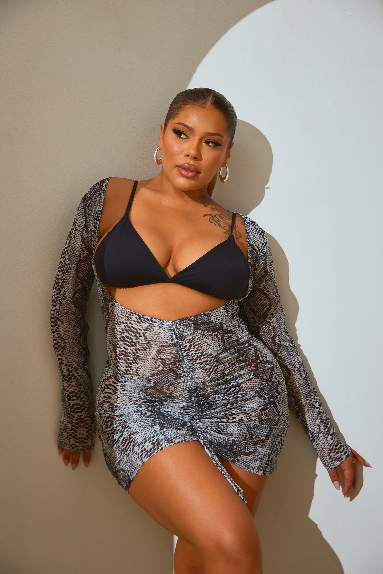 Summers In Greece Mesh Ruched Cover Up Dress - Grey/combo sold by Fashion Nova product image thumbnail 4