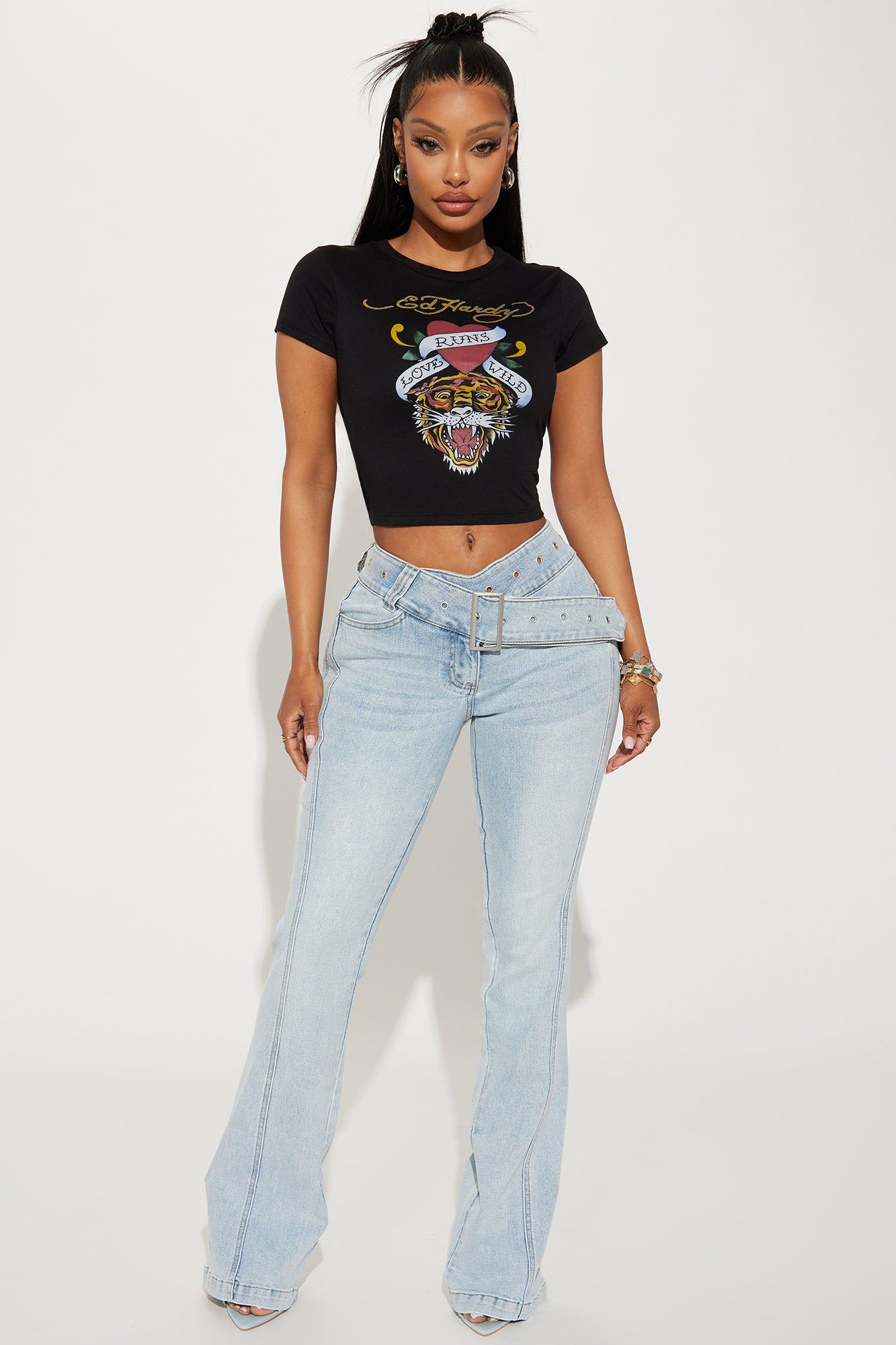Clap Back Belted Stretch Bootcut Jeans - Light Wash sold by Fashion Nova