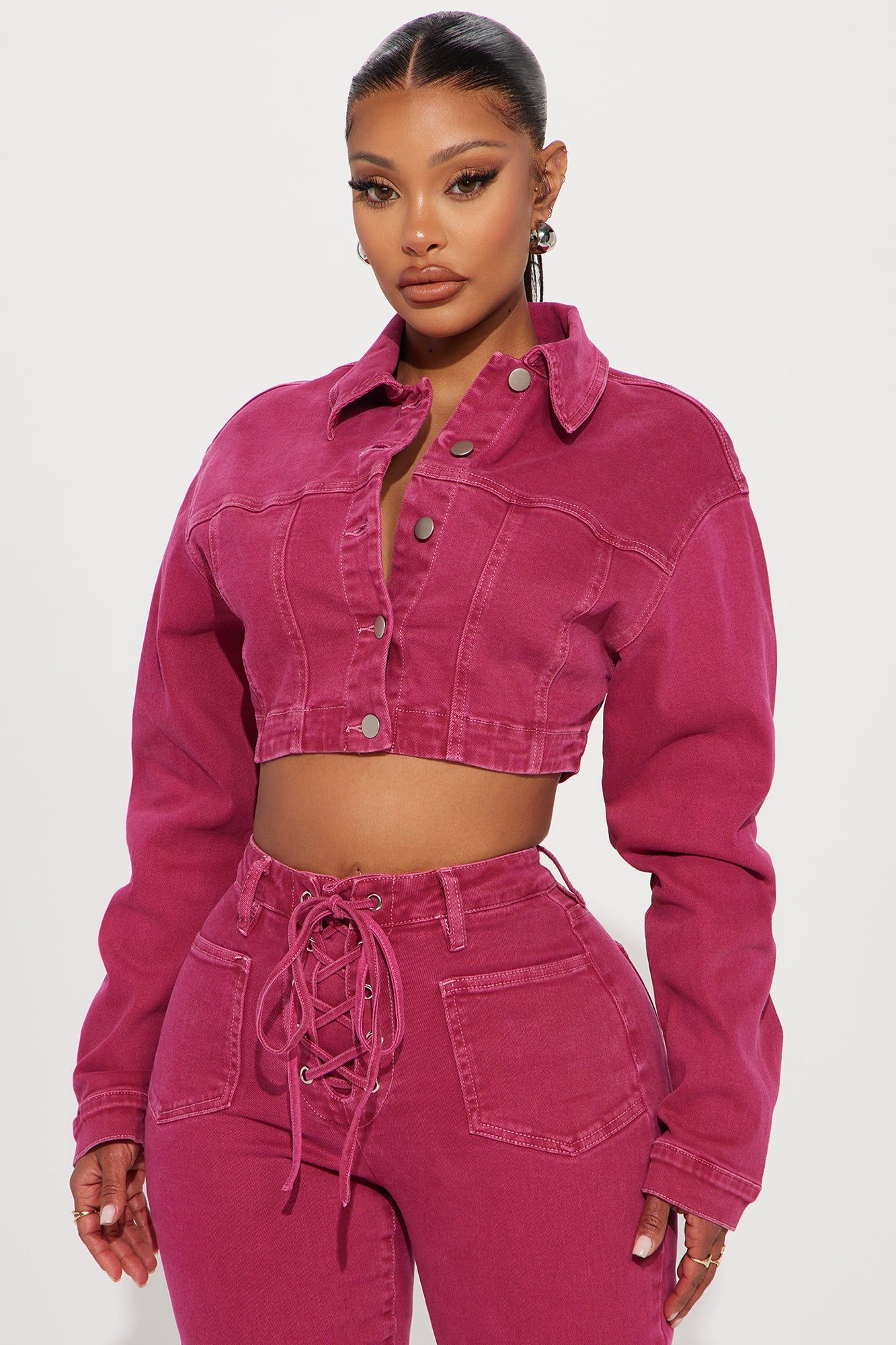 Oasis Stretch Cropped Denim Jacket - Pink sold by Fashion Nova