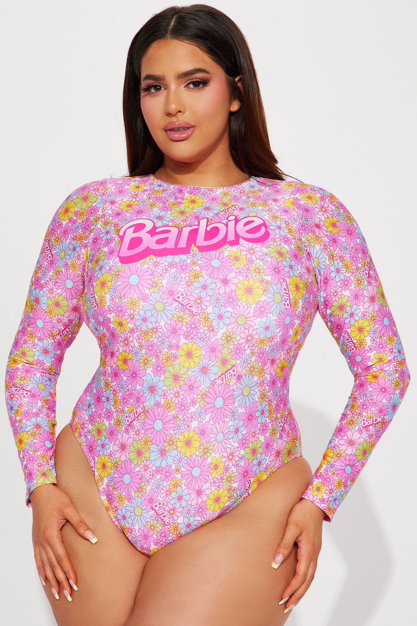 Beach Barbie 1 Piece Long Sleeve Swimsuit - Pink/combo sold by Fashion Nova product image thumbnail 4