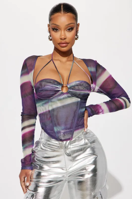 Ariana Mesh Corset Top - Purple/combo sold by Fashion Nova