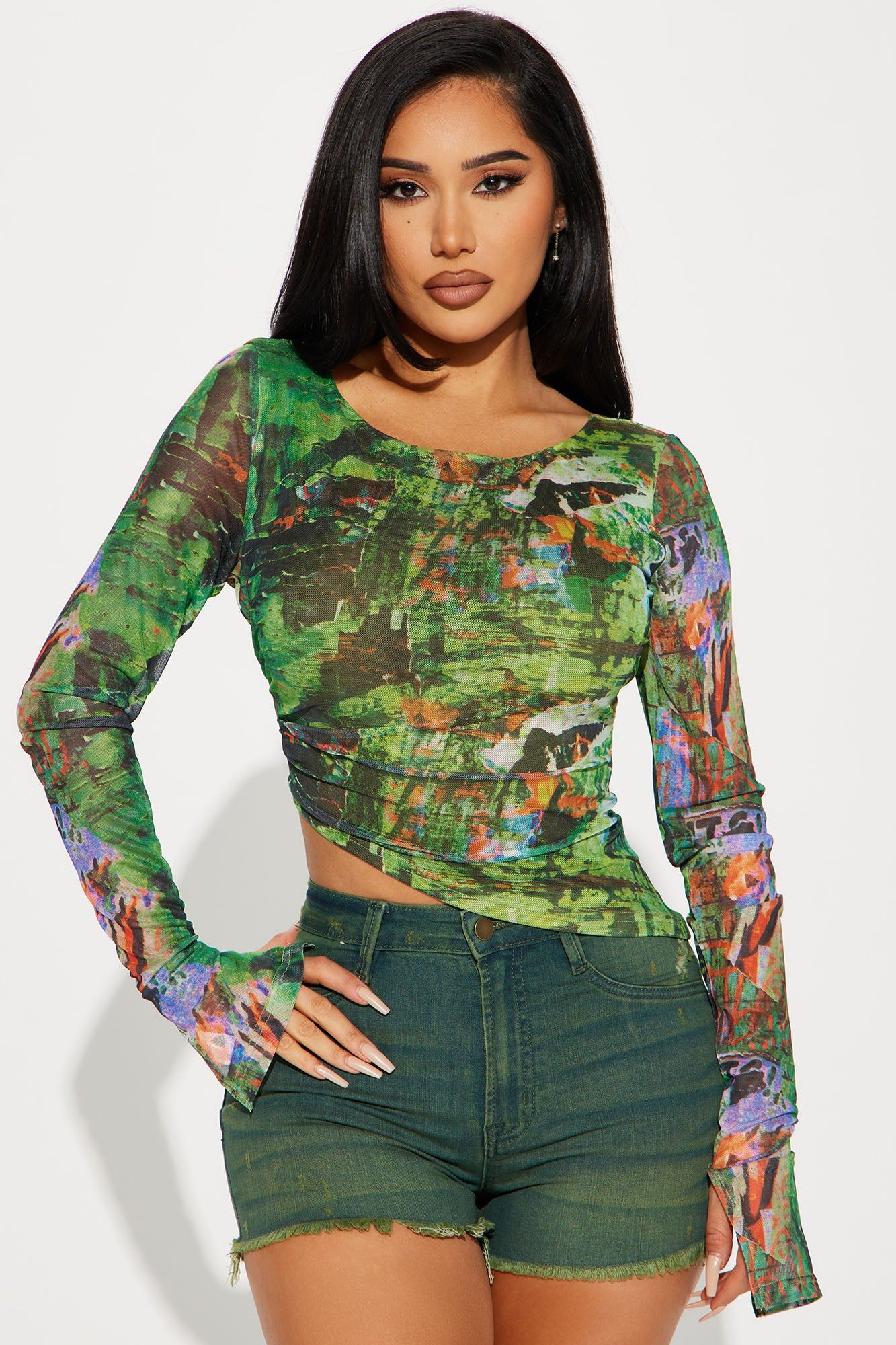 Laurna Asymmetrical Mesh Top - Green/combo sold by Fashion Nova