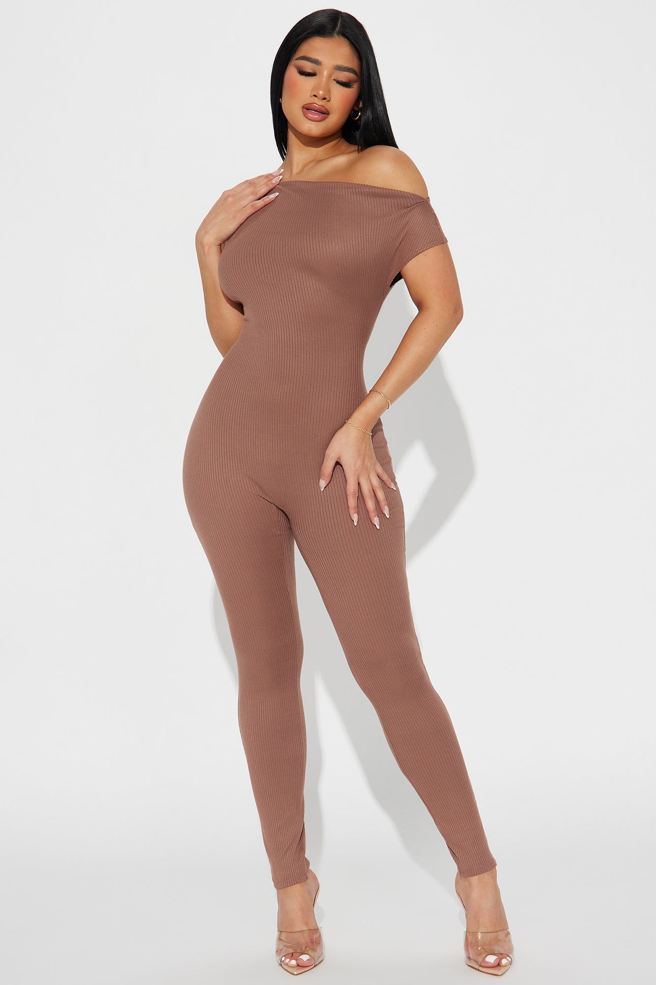 The Main Mood Ribbed Jumpsuit - Mocha sold by Fashion Nova