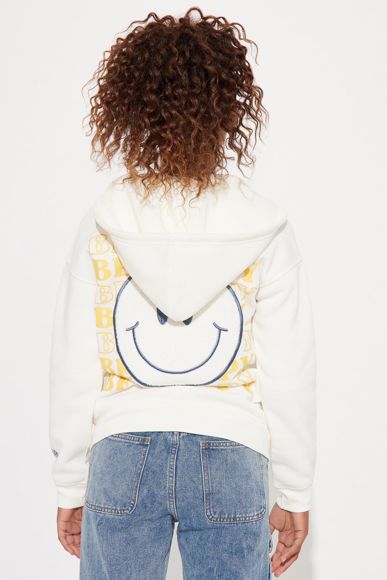 Mini Smiley Face Zip Front Hoodie w/Chenille Patch - Ivory sold by Fashion Nova
