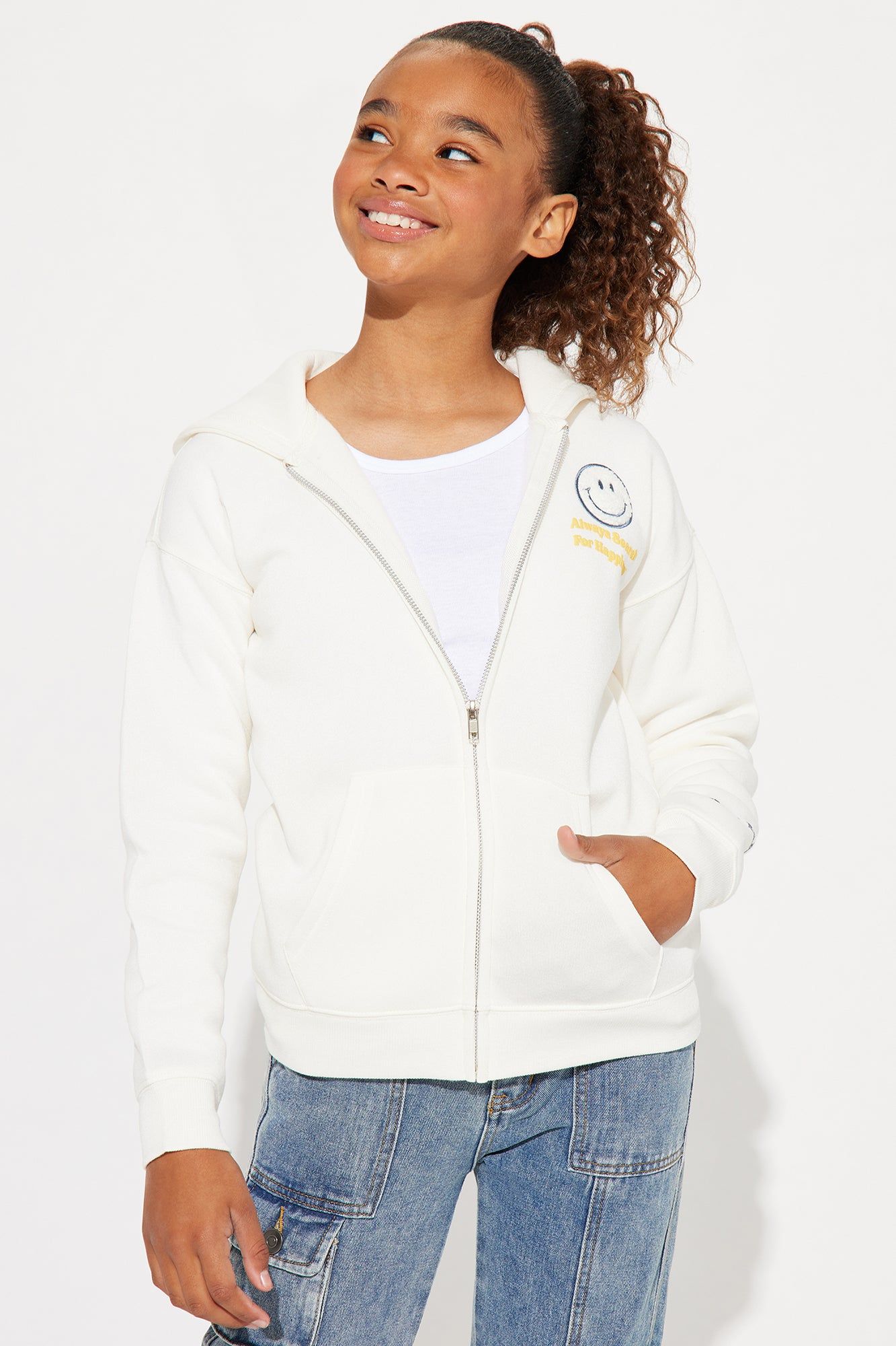 Mini Smiley Face Zip Front Hoodie w/Chenille Patch - Ivory sold by Fashion Nova product image thumbnail 2
