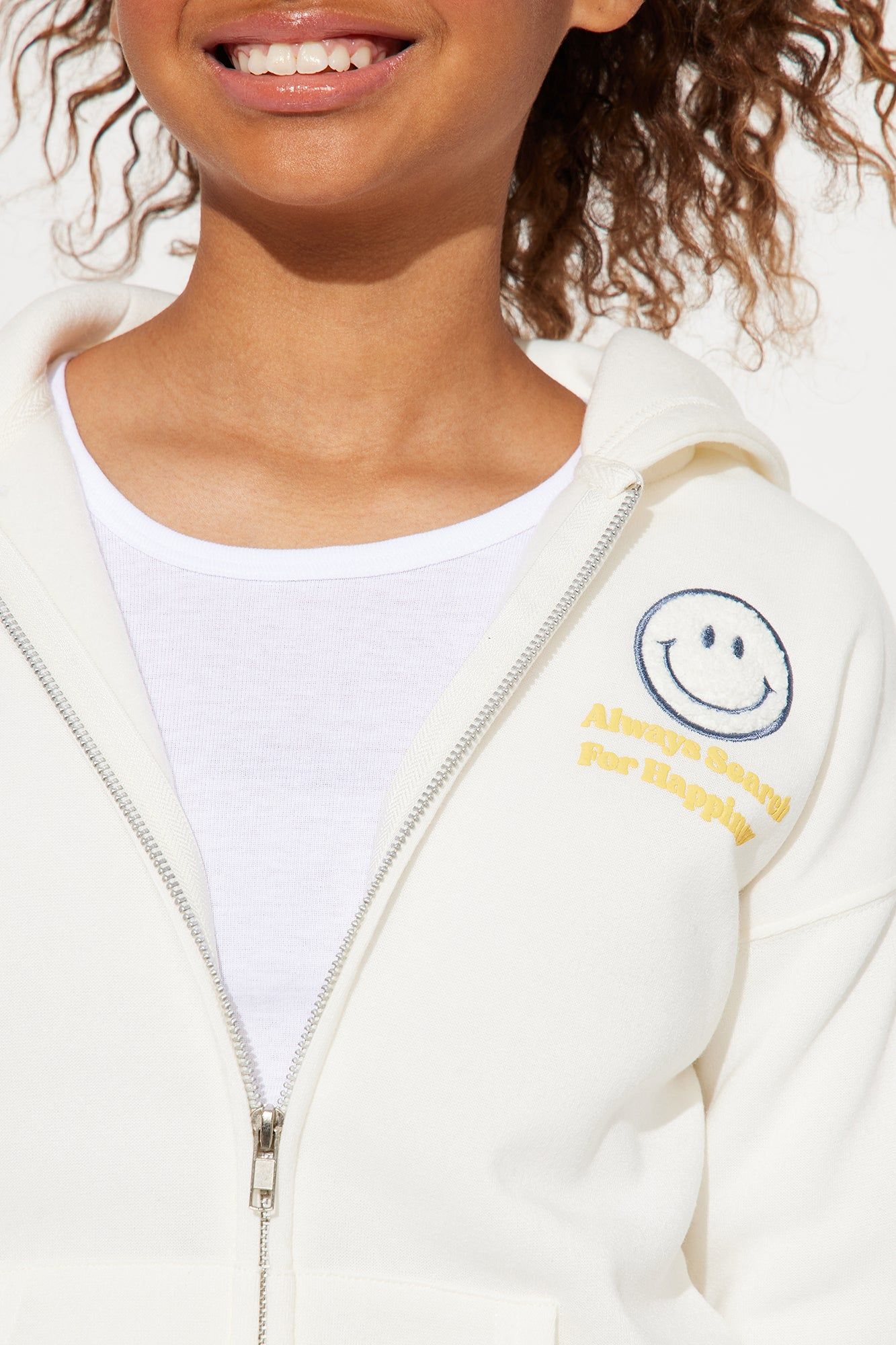 Mini Smiley Face Zip Front Hoodie w/Chenille Patch - Ivory sold by Fashion Nova product image thumbnail 4