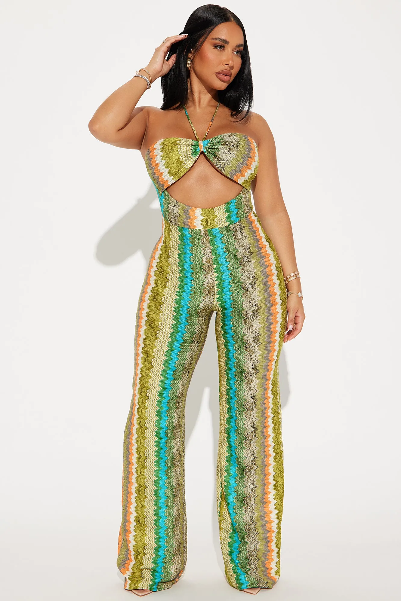 Beach Days Crochet Jumpsuit - Green/combo sold by Fashion Nova