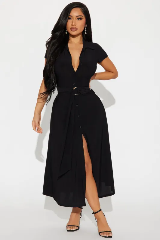Elise Button Up Midi Dress - Black sold by Fashion Nova