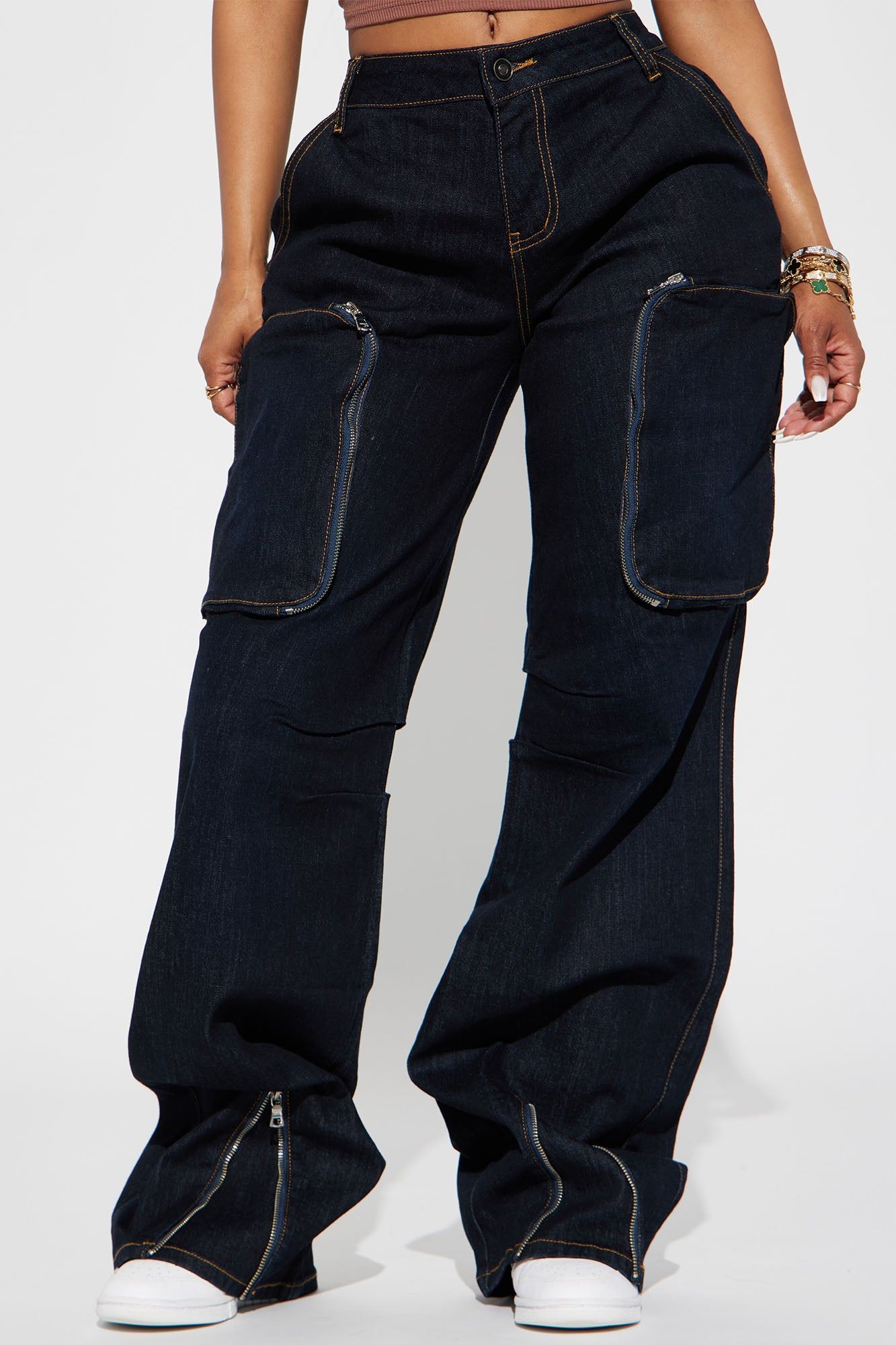Zip Me Up Stretch Cargo Jeans - Dark Wash sold by Fashion Nova