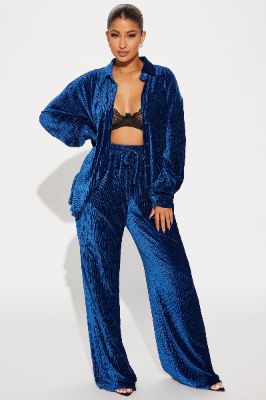 Jenelle Velvet Plisse Pant Set - Navy sold by Fashion Nova
