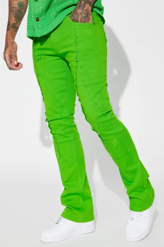 Diamond Fray Stacked Skinny Flared Pants - Green sold by Fashion Nova