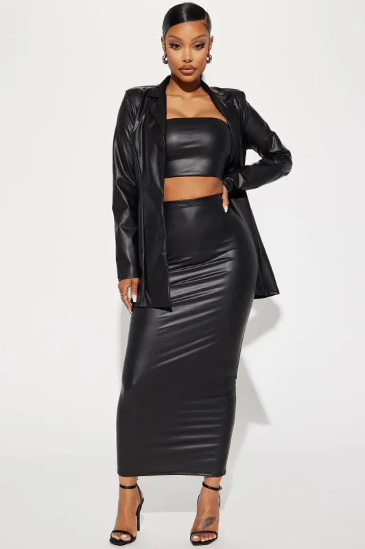 All Night 3 Piece Faux Leather Skirt Set - Black sold by Fashion Nova